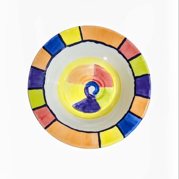 Hand Crafted Other - Vintage 1999 Hand Painted Serving Bowl Rimmed 11" Signed Sims Bold Rainbow